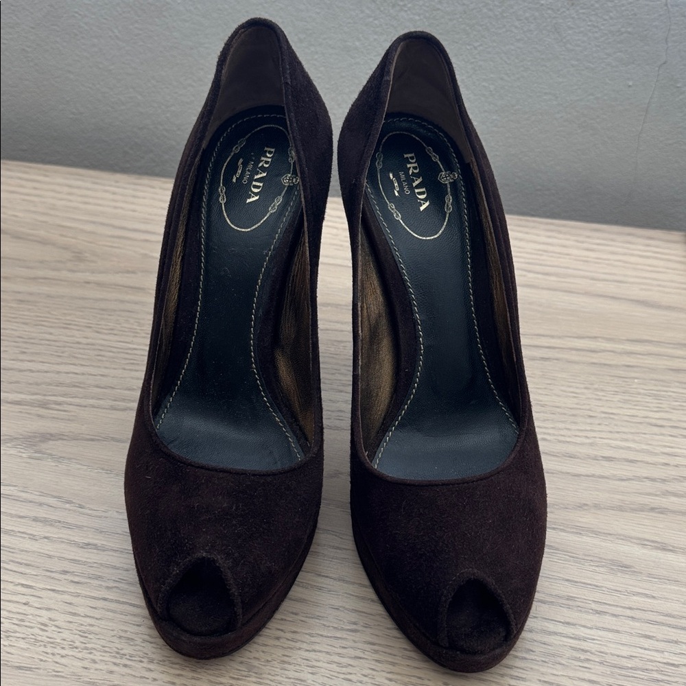 Prada Dark Brown Suede Peep Toe Pumps